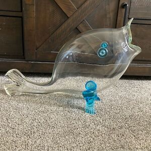 Large 20” Art Glass Fish Sculpture Clear w/ Blue Accents Coastal Beach Decor